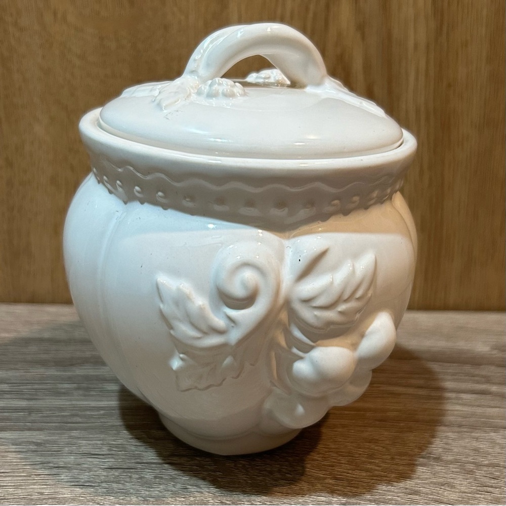Vtg Trinket Canister Raised Cherries White on White Glazed 3D Made In Portugal